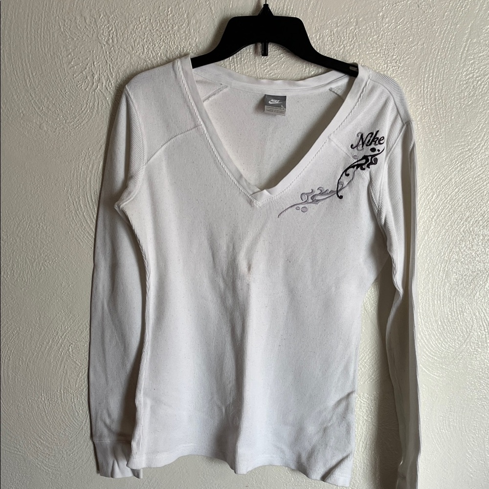 Nike Women's White Long Sleeve V-Neck Tee